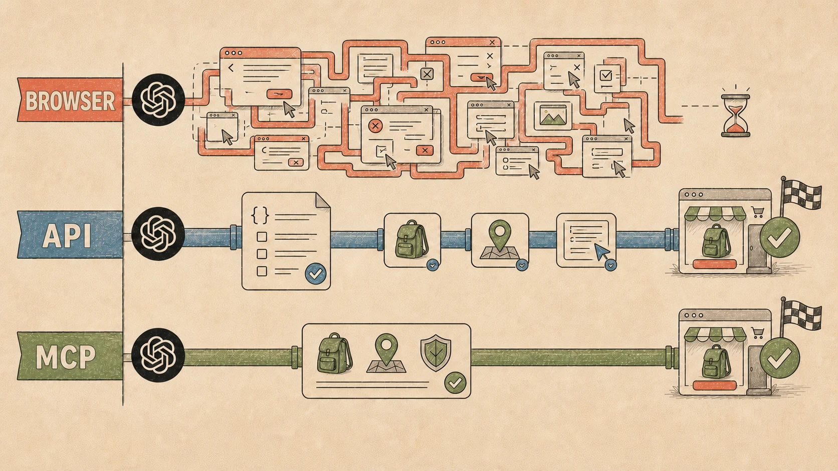 Three ways to complete one task: the browser route gets stuck in a maze, the API assembles a request from fields, and MCP provides a ready-made action