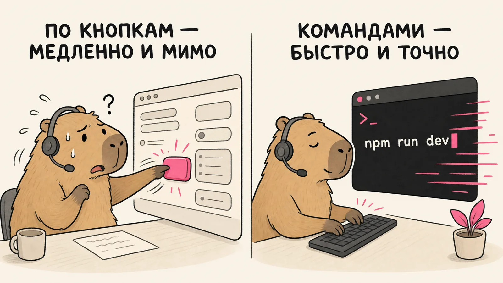 Агент мучается с кнопками и уверенно работает командами в терминале