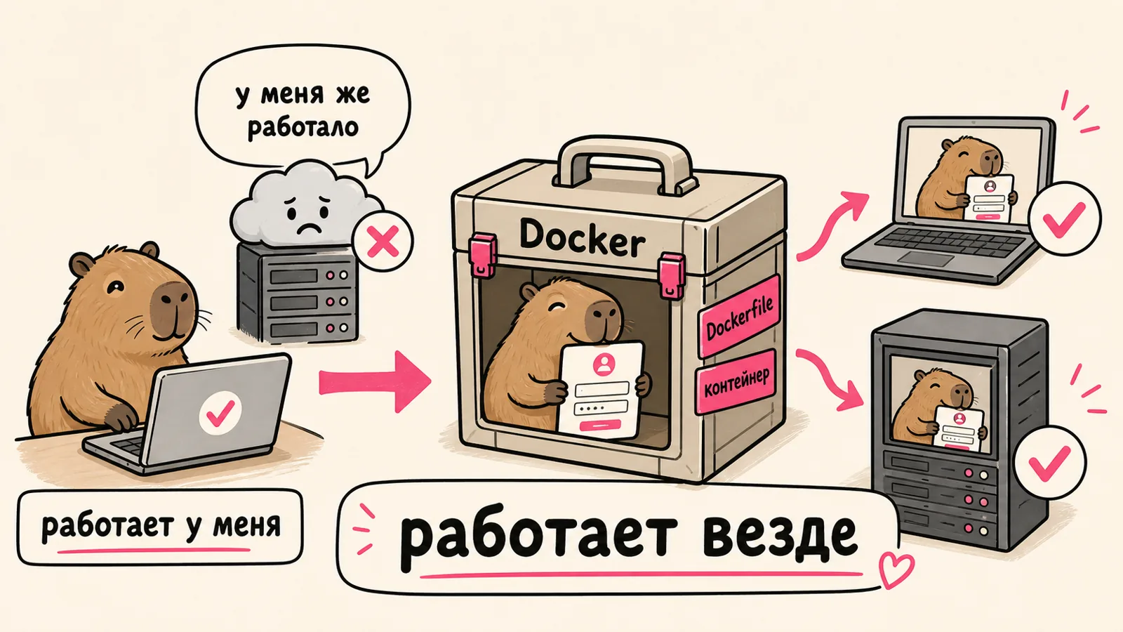 «Работает у меня» на ноуте и молчит на сервере; коробка Docker заводится одинаково везде