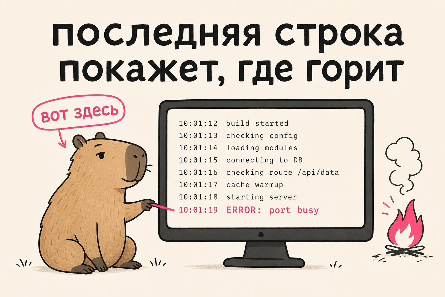 Капибара показывает на последнюю строку красного лога — «вот этаж пожара»